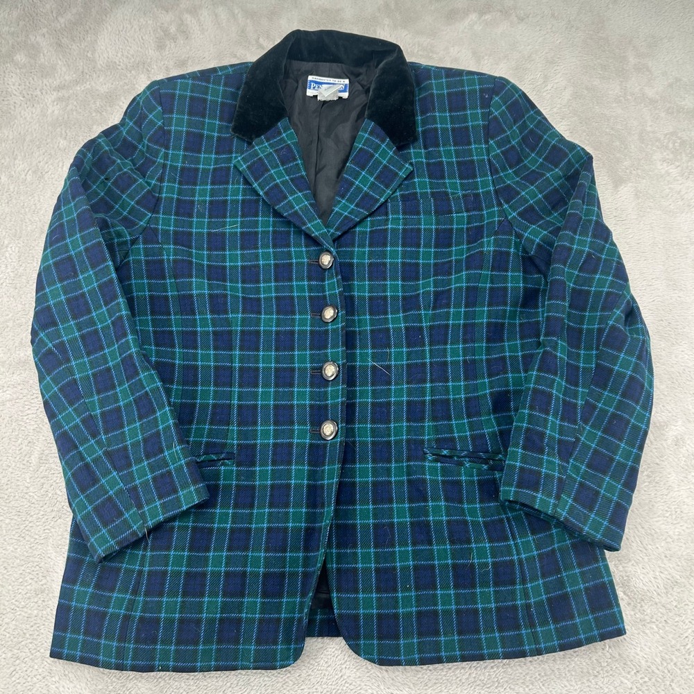 Vintage Pendleton Womens Blazer Size 14 Blue Green Plaid Wool Preowned Velvet